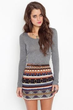 gray long sleeve shirt with tribal print mini skirt