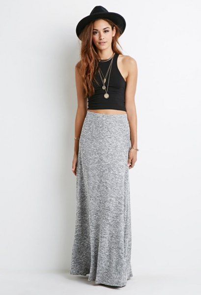 layered long skirt with black sleeveless crop top