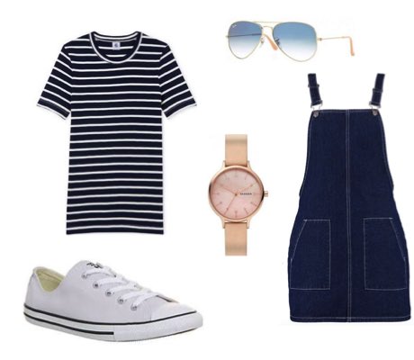 Navy blue denim shirt dress with breton t-shirt and white Converse cruiser outfit