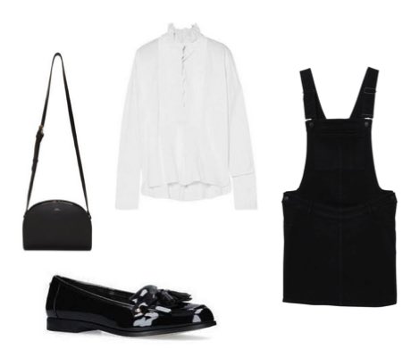Black denim skirt with white shirt and black patent loafers to work