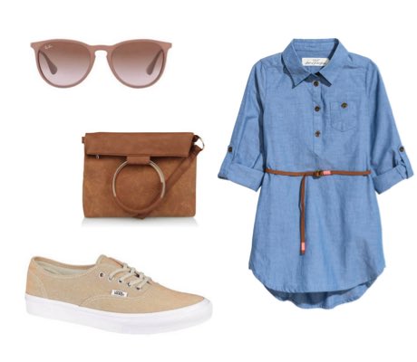 Blue denim skirt with coral Vans and brown bag summer outfit