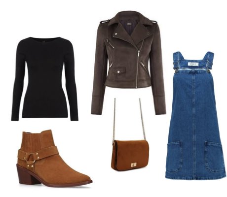 Denim shirt dress with black long sleeve jacket and brown biker jacket outfit for fall