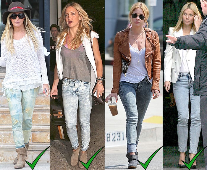 Ashley Tisdale leaving Barneys New York in Los Angeles, California, on March 7, 2013; Kate Hudson arriving at LAX Airport in Los Angeles, California, on September 21, 2014; Ashley Benson leaving Toast Bakery Cafe in Los Angeles, California, on May 9, 2013; Gwyneth Paltrow outside of the Stella McCartney fashion show held during Paris Fashion Week Spring/Summer 2010 Ready To Wear at the Palais de Tokyo in Paris, France, on October 5, 2009