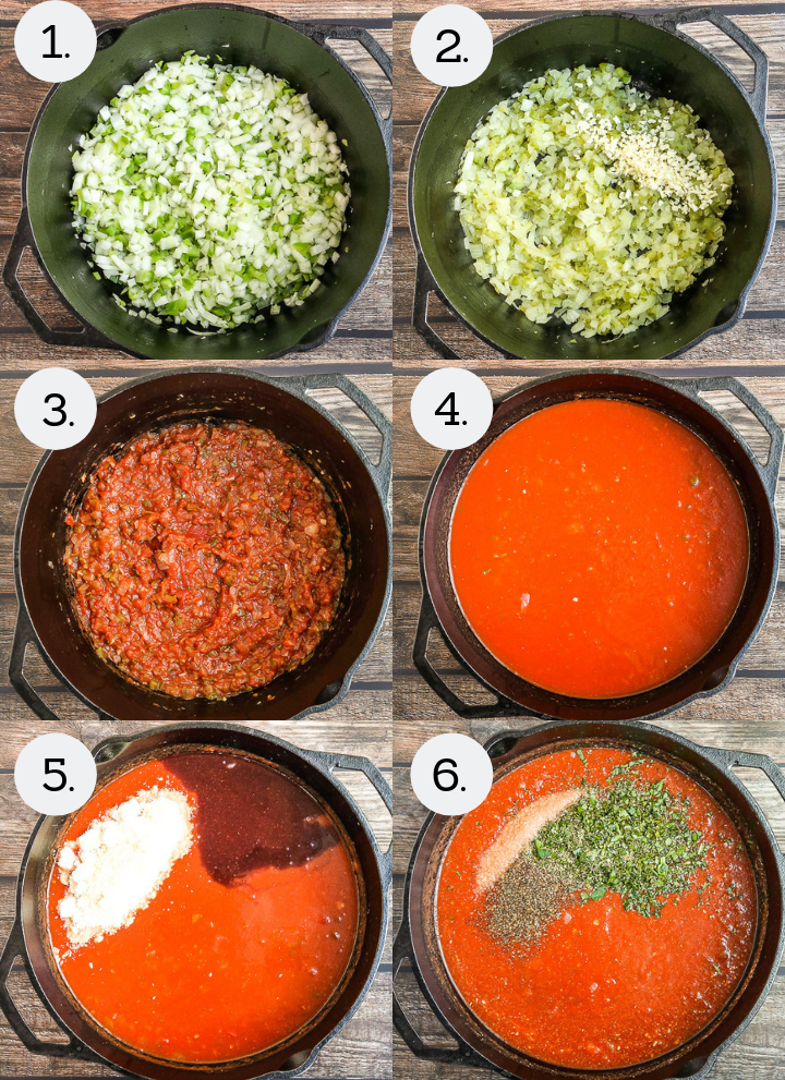 Step-by-step instructions on how to make Sunday Sauce and Meatballs. Saute onion and chili (1), saute garlic (2), mix with ketchup (3), add tomato puree and water (4), mix wine and parm (5), add sugar, herbs and spices (6).