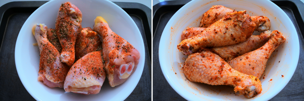 A composite image of a bowl of seasoned chicken thighs.