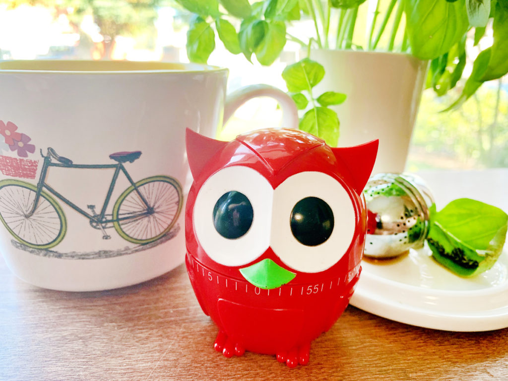 A stainless steel tea ball rests next to a green leaf on a small white saucer. Behind it is a red owl timer and a white cup with a bicycle attached.