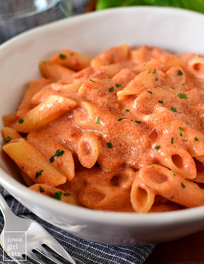 bowl of pasta with pink penne