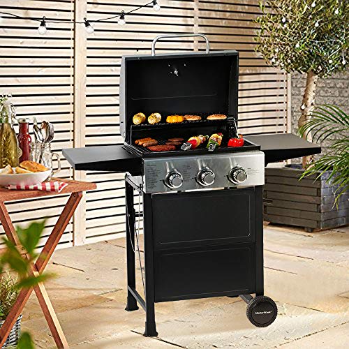 MASTER COOK 3 Propane Gas BBQ Grill, Stainless Steel 30,000 BTU Garden Barbecue With Two Foldable Shelves