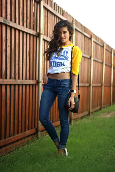 yellow and white cropped baseball skinny jeans
