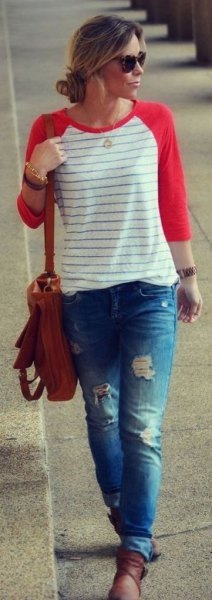 red and white striped baseball t-shirt ripped boyfriend jeans