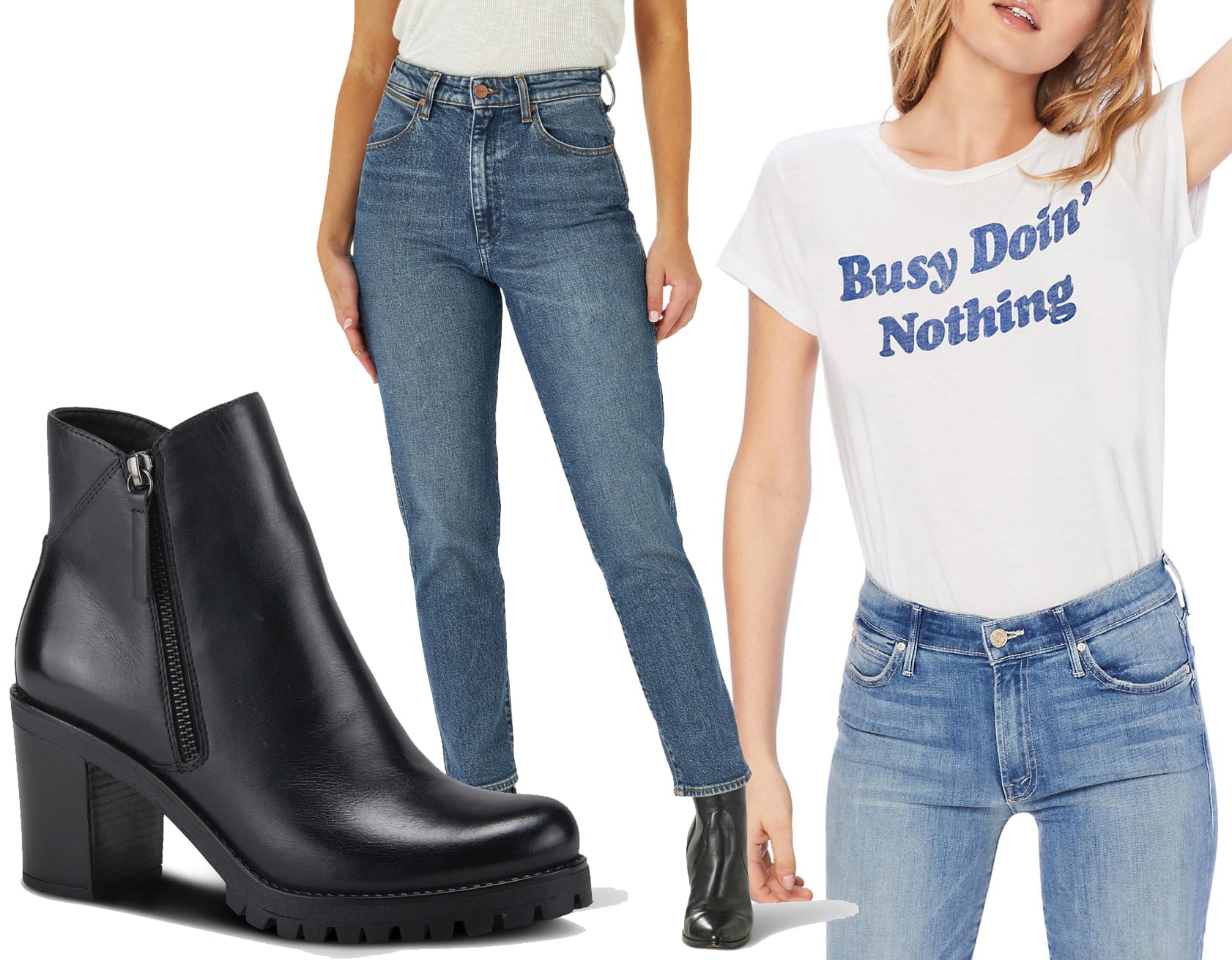 Spring Step Dealey Bootie, Wrangler Mom Jeans, Mother Busy Doin Nothing Graphic T-shirt