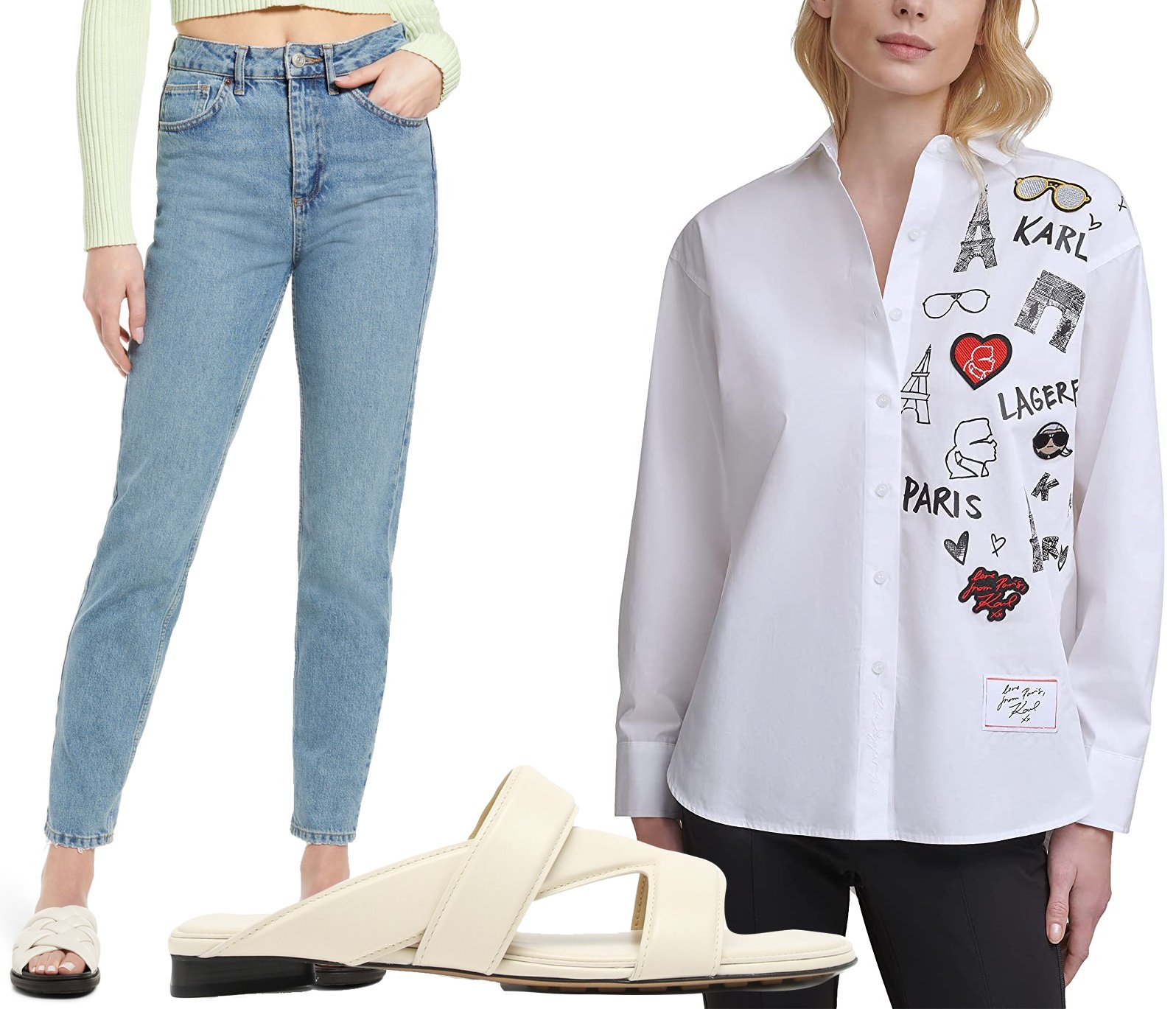 BDG Urban Outfitters High-waisted mom jeans, Karl Lagerfeld white shirt Gorgeous style logo, Bottega Veneta leather crossbody skates