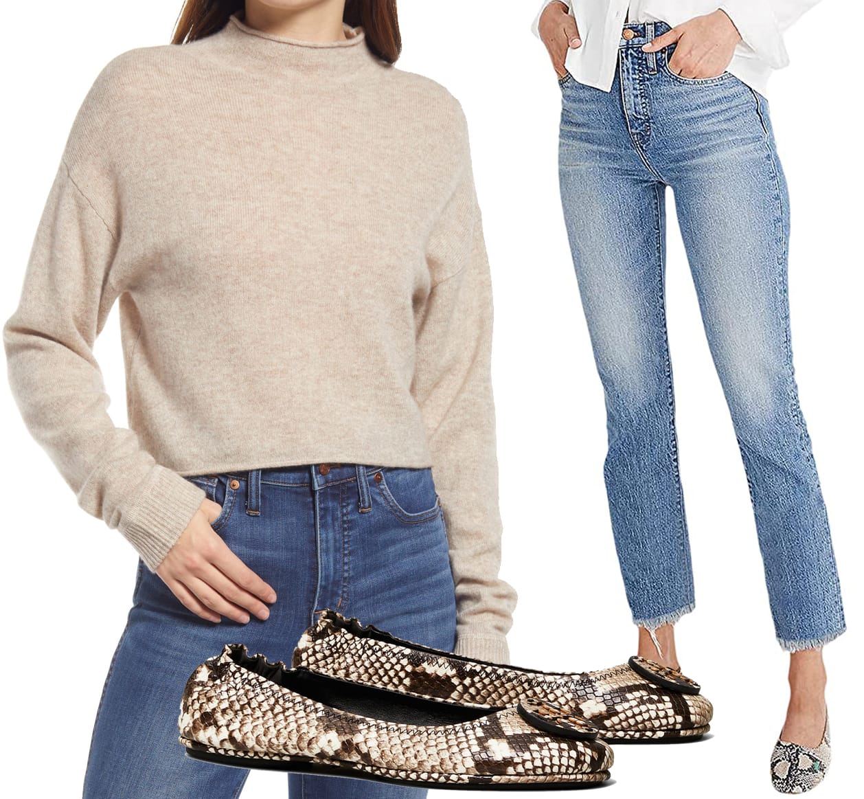 Reformation Cashmere & Wool Crop Roll Sweater, Tory Burch Minnie Travel Ballet, Madewell The Perfect Vintage Jean in Ainsworth Wash