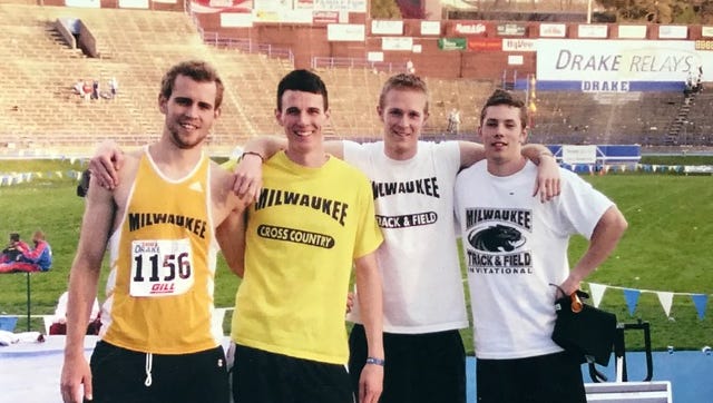 Nick Viall (left) and his teammates run the 3,200-meter relay from the University of Wisconsin-Milwaukee at the Drake Relays after they broke the school's record.