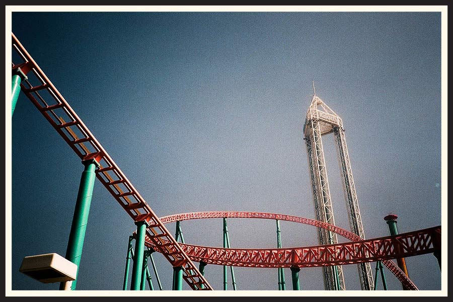 Film photo of a rollercoaster track in Los Angeles