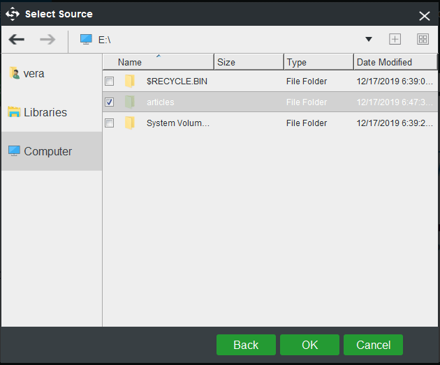 select files to backup