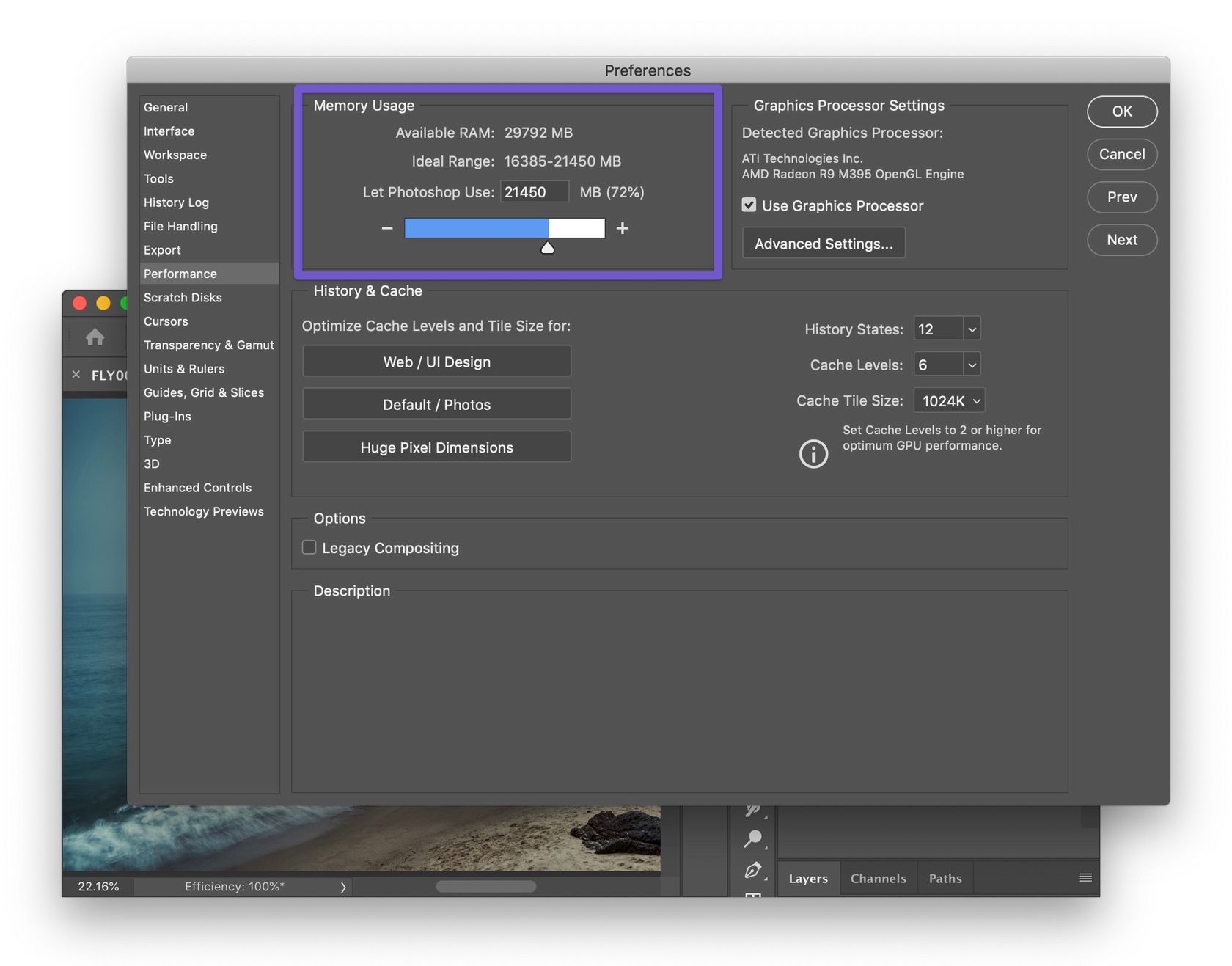Screenshot: scratch disk settings in Photoshop