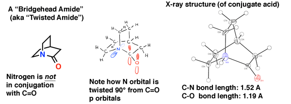 bridgehead amide not in conjugation with carbonyl nitrogen twisted 90 from co orbitals note x ray structure