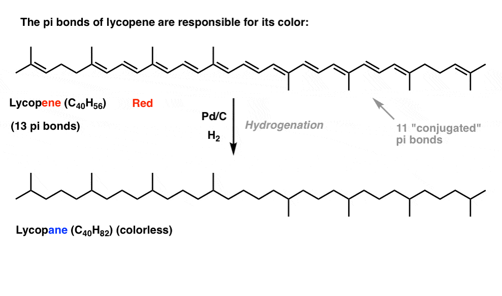consequences of conjugation is color eg lycopene is deep red and lycopane is colorless