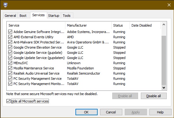 Unnecessary services show up in msconfig . window