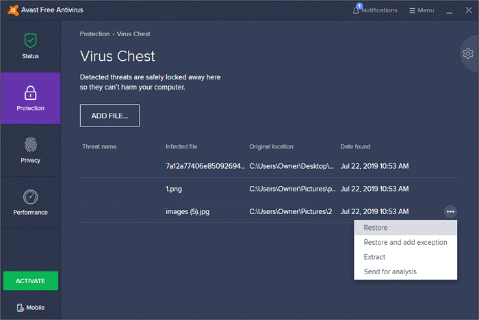 get files from avast virus chest 2