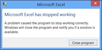 A problem caused the MS Excel to stop working correctly