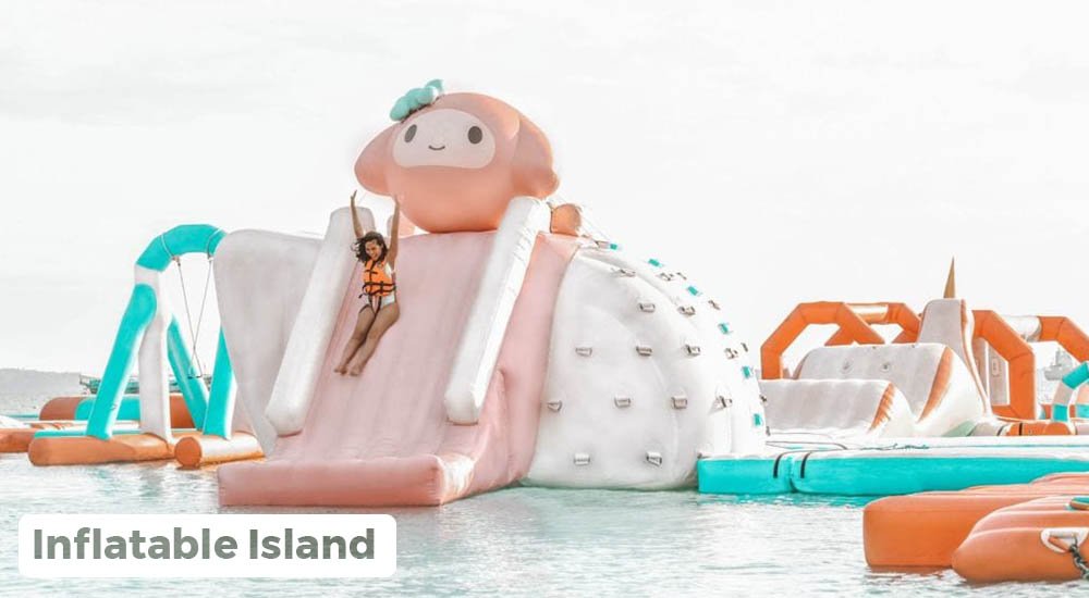Happy girl at the inflatable island