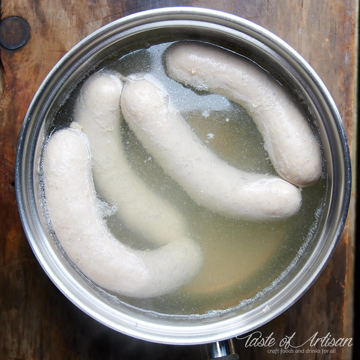 Close-up of cut bockwurst sausage.