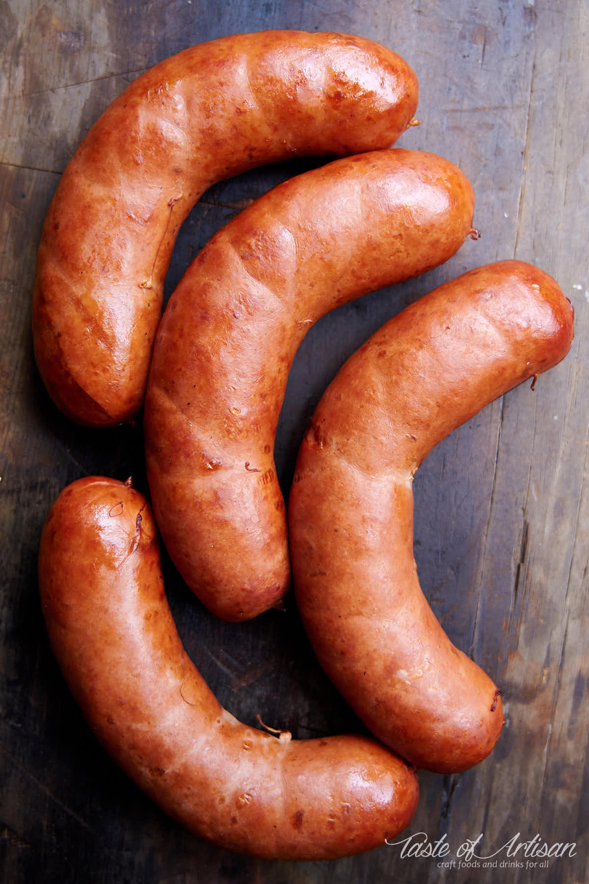 Boiled smoked bockwurst sausage in a sous machine.