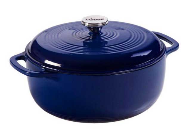 An example of a glazed Dutch oven that allows for vibrant colors is this cobalt blue model from Lodge Manufacturing.