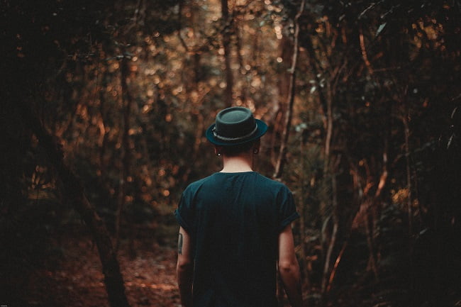 A young man, seen from behind, walks through a dimly lit but quite beautiful forest. Jesus has come to rescue all of us, especially those who are deeply lost.