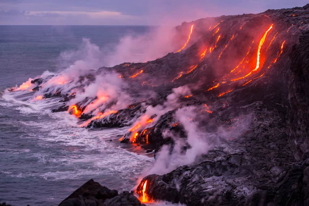 Lava is entering the ocean with many small flows