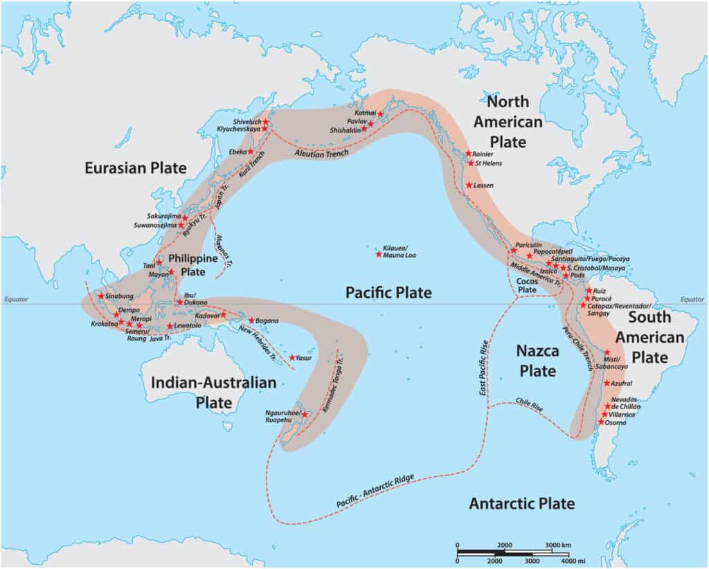 Vector map of the Pacific Ring of Fire with the main volcanoes