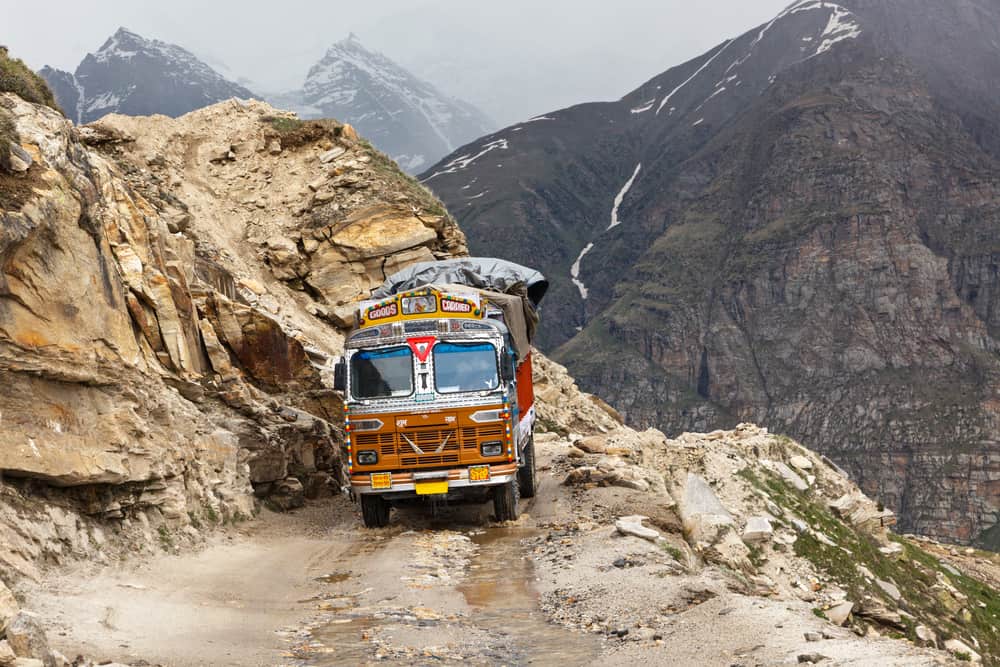Manali-Leh road in Indian Himalayas with lorry