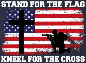 Stand holding a flag and kneel before the cross