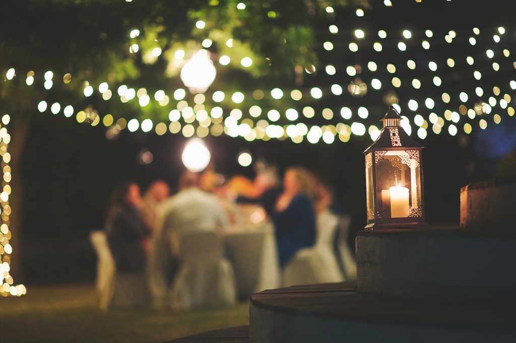 A string of fairy lights and a chandelier with candles hanging among the trees.