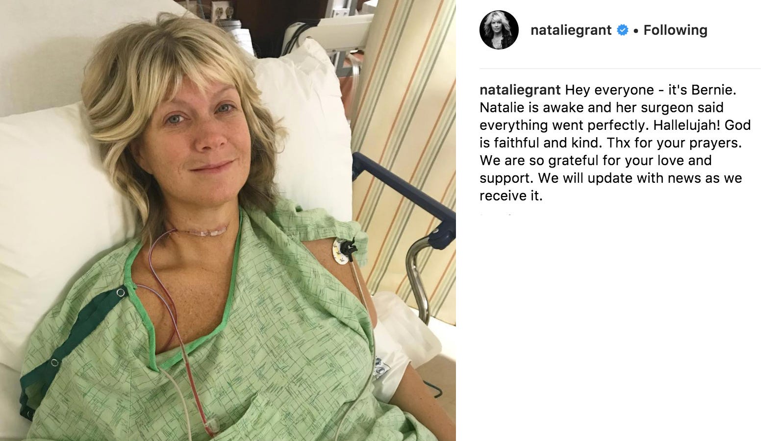 Natalie Grant's Instagram post after surgery.