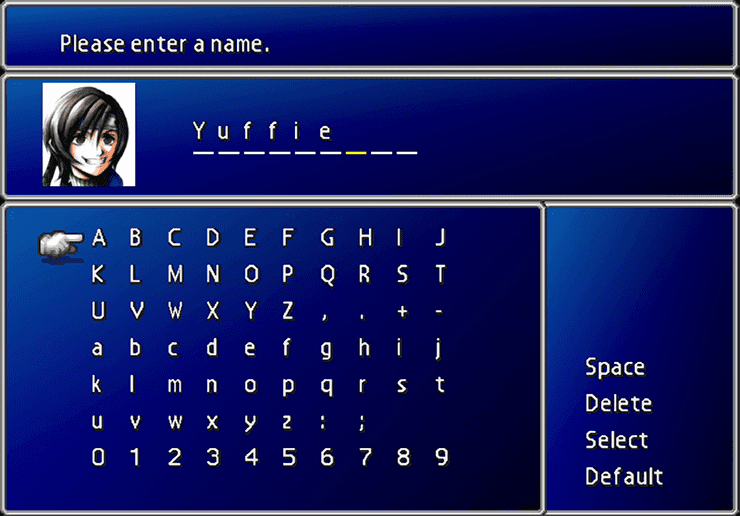 Naming screen for Yuffie