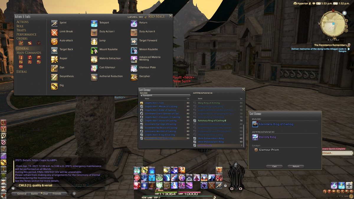 Screenshot of the character with the gear set menu open, showing how to assign charm plates to a gear set
