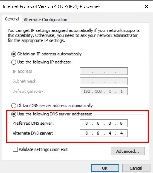 Google DNS server IP address in Windows Internet Options settings