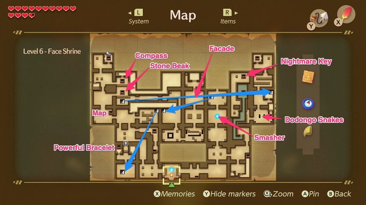 Link s Awakening Face Shrine item and boss locations