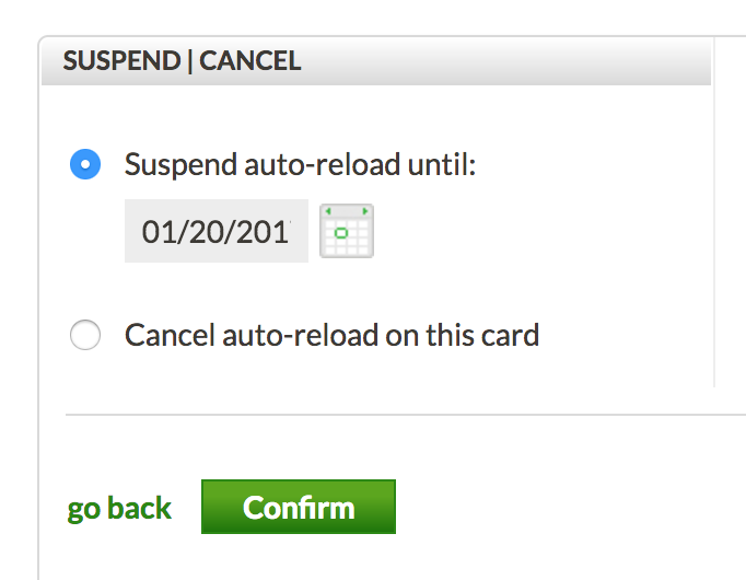suspend or cancel automatic reload of starbucks card