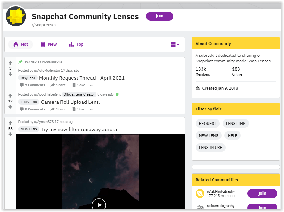 Reddit Snapshot Community Lenses
