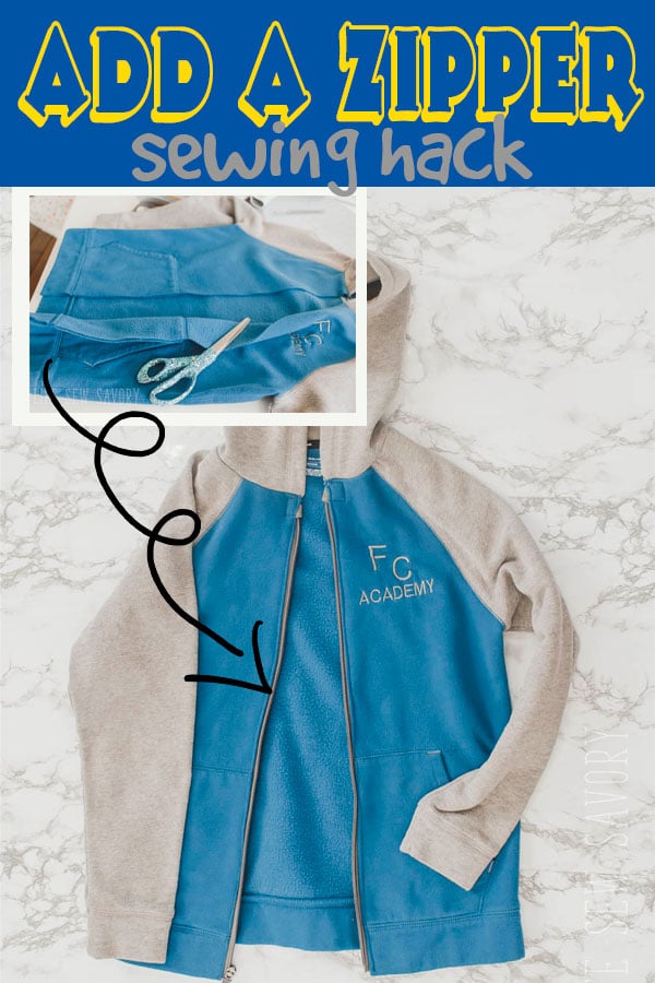 Sewing hack to thread the zipper in a felt jacket with a hood. Add a zipper to this hoodie tutorial from Life Sew Savory