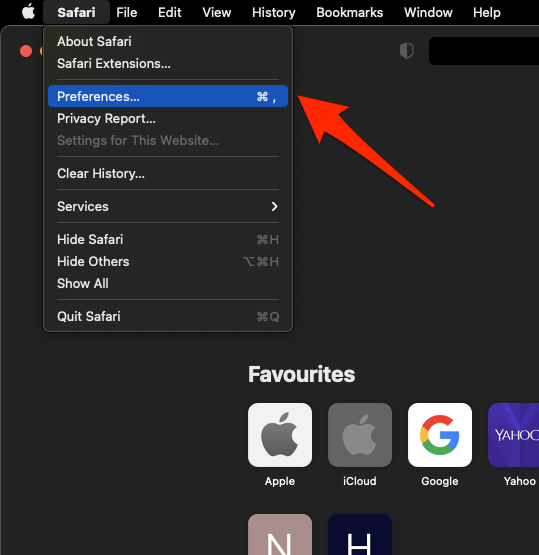 Safari Preferences menu option in MacOS