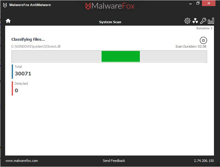 MalwareFox scanning PC for malware