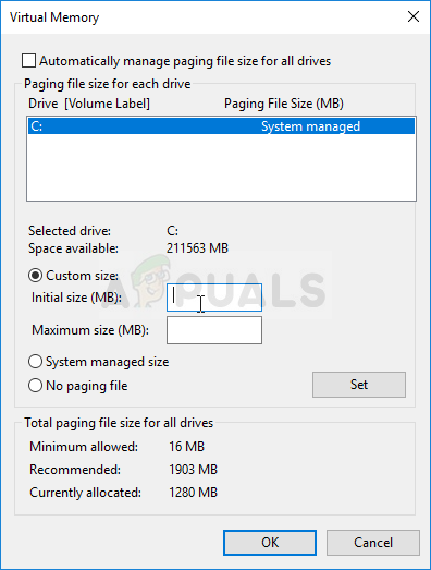 Set the size of the page file manually