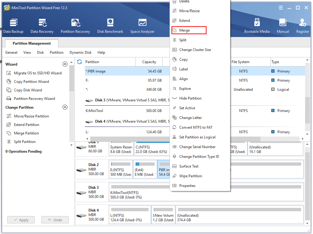 select Merge in the MiniTool interface