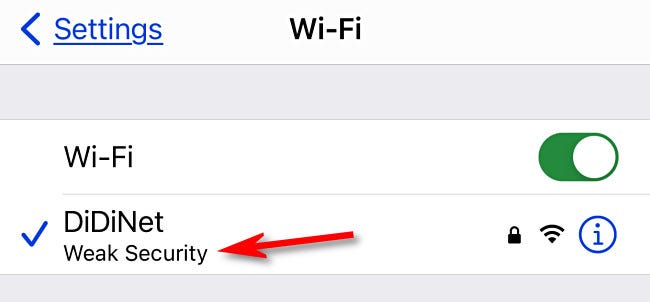 iPhone Settings Wi-Fi Screen Displays "Weak security"