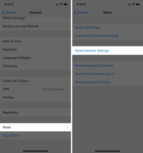 reset then reset iphone network settings